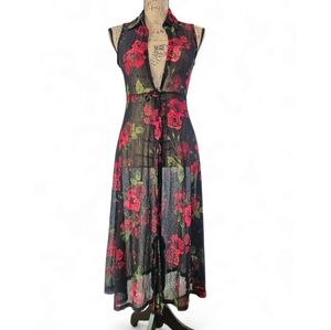 Ember Boho Floral Rose Sheer Mesh Kimono, Sleeveless Tie Front Black,Red, Size S